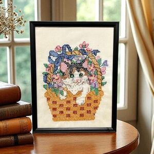 Sweet Vintage Framed Calico Cat in Flower Basket Cross-Stitch Art Picture